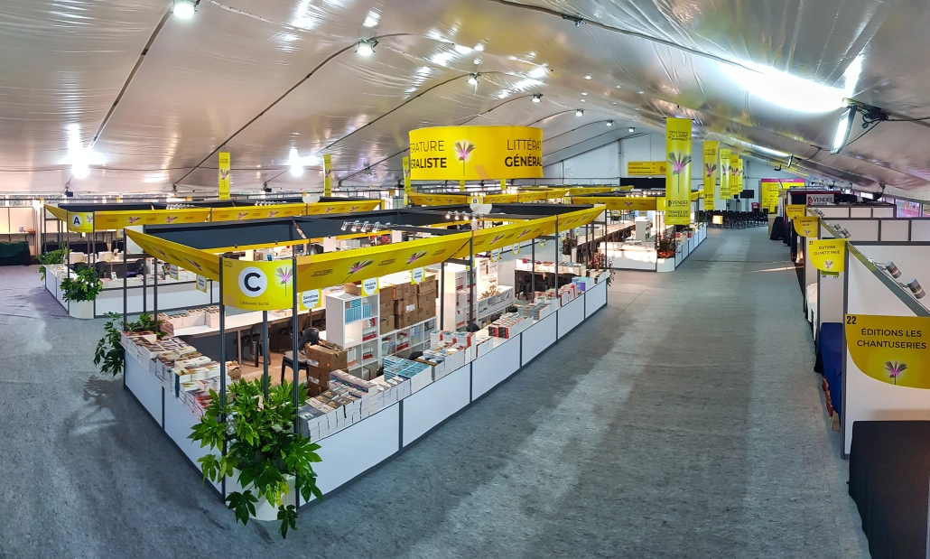 Salon du livre, stand modulaire, stand packagé sur mesure, personnalisé, enseigne exposant