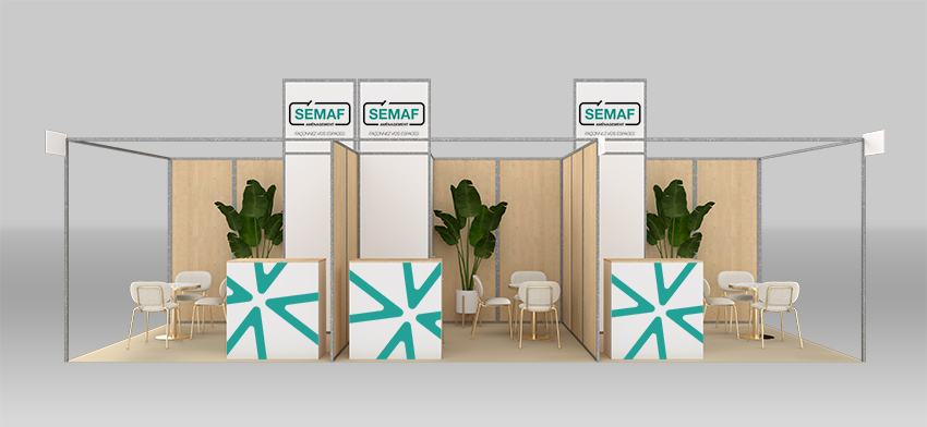 stand packagé personnalisable, comptoir exposant, réhausse modulaire, remplissage mélaminé, stand pour salon
